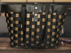 |Large To-Go Tote, Woven Wood & Nylon with Leather Handle & Liner, by Longaberger                         Large To-Go Tote, Woven Wood & Nylon with Leather Handle & Liner, by Longaberger