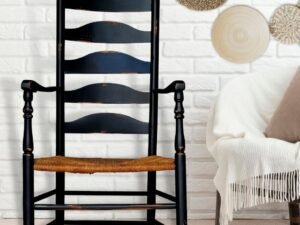 |Vintage Early American Style Ladderback Rush Seat Shaker Armchair                         Vintage Early American Style Ladderback Rush Seat Shaker Armchair