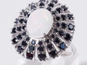 |Vintage Sterling Silver Opal & Sapphire Sunburst Cocktail Ring, Mid-Century                         Vintage Sterling Silver Opal & Sapphire Sunburst Cocktail Ring, Mid-Century