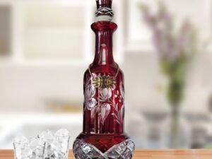 |Vintage Mid-Century Bohemian Czech Crystal Cut Cranberry Clear Decanter – “Vodka” Tag                         Vintage Mid-Century Bohemian Czech Crystal Cut Cranberry Clear Decanter – “Vodka” Tag